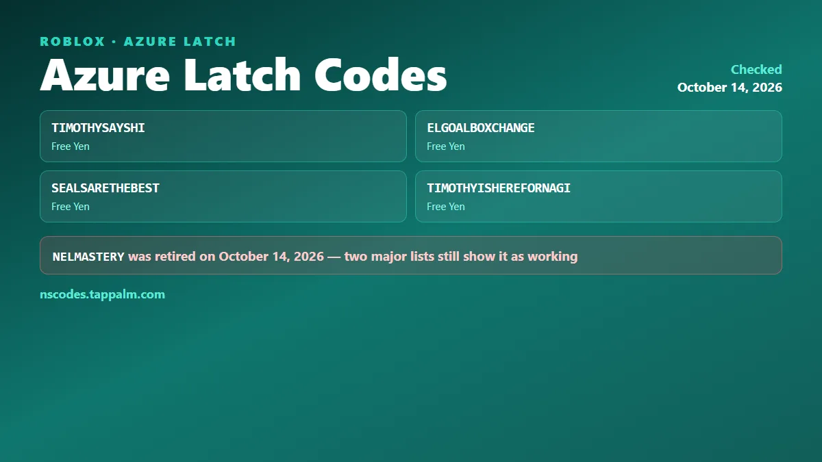 Azure Latch codes in October 2026: the four working codes plus the one retired on October 14, 2026 that other lists still show