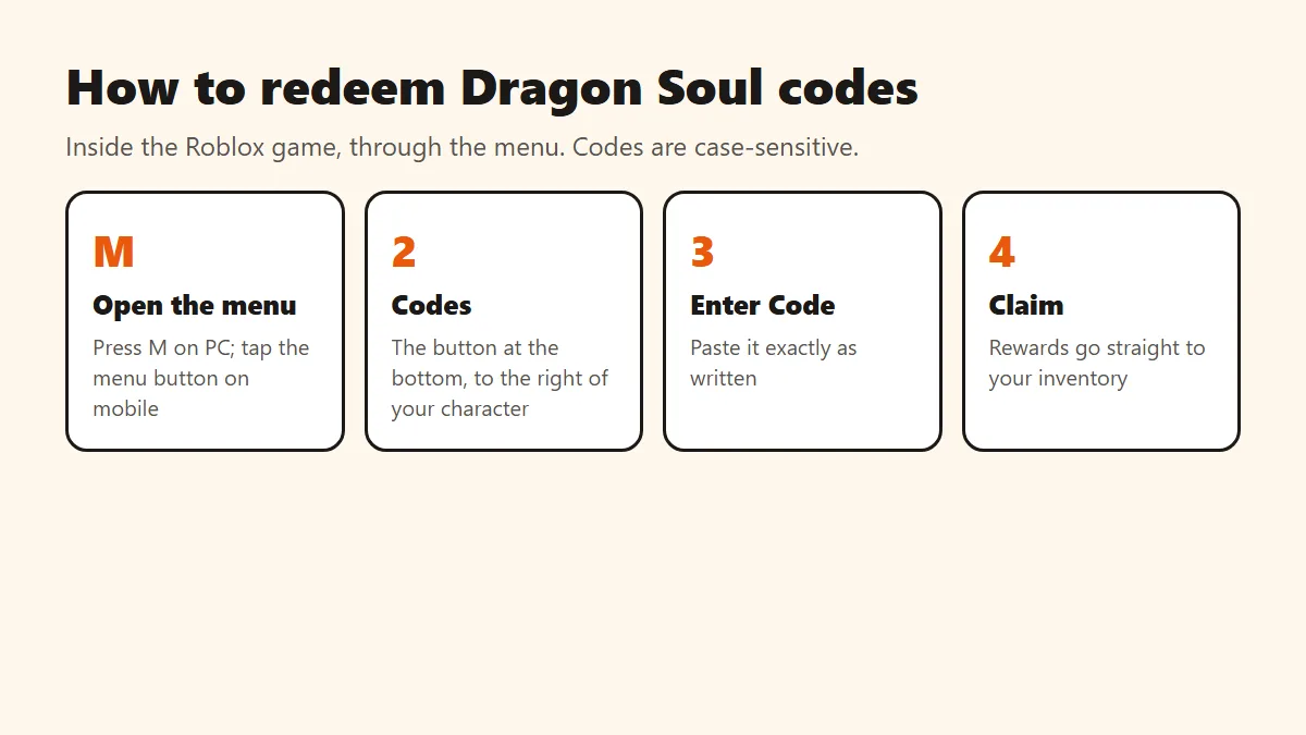 How to redeem Dragon Soul codes in Roblox: press M, open Codes, enter the code, press Claim