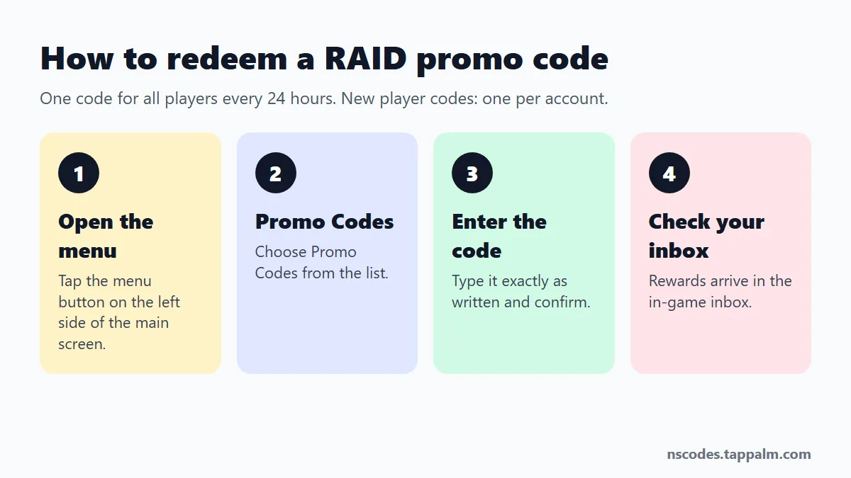 How to use promo codes in RAID Shadow Legends: open the menu, choose Promo Codes, enter the code, check your inbox
