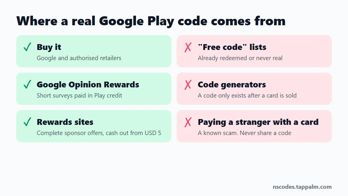 Chart of real and fake sources of a Google Play gift card: buying, Google Opinion Rewards and rewards sites work; code lists and generators do not