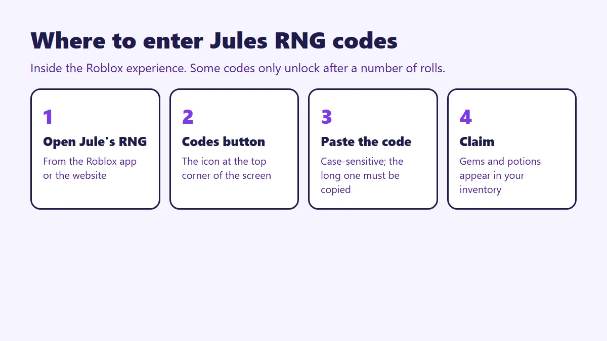Where to enter Jules RNG codes: open the experience, press the Codes button, paste the code and claim
